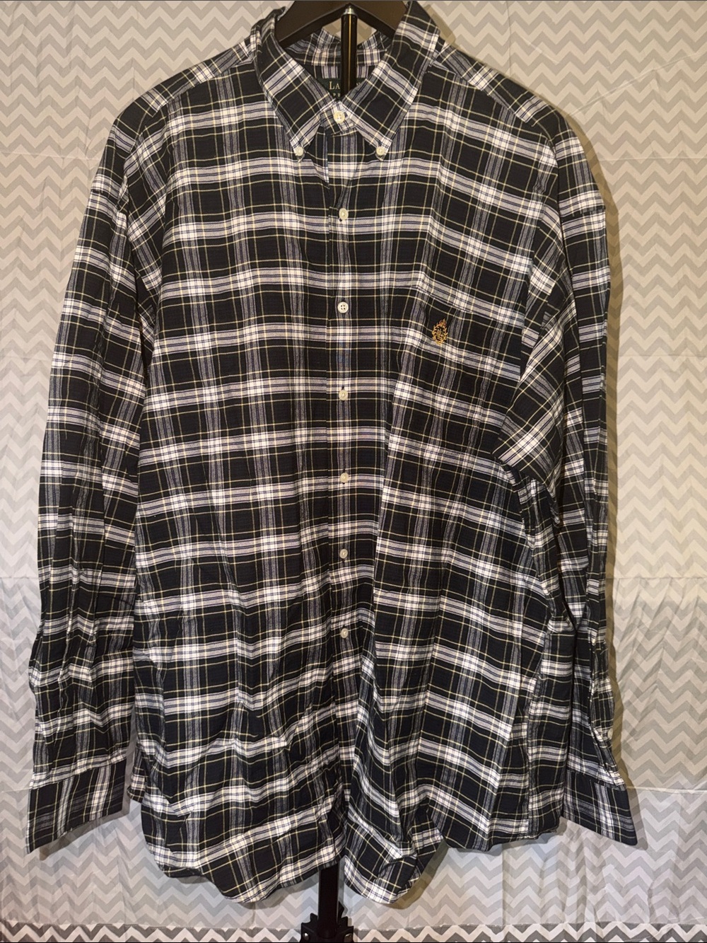 Ralph Lauren Black and White Plaid Button-Down Shirt with Gold Pony